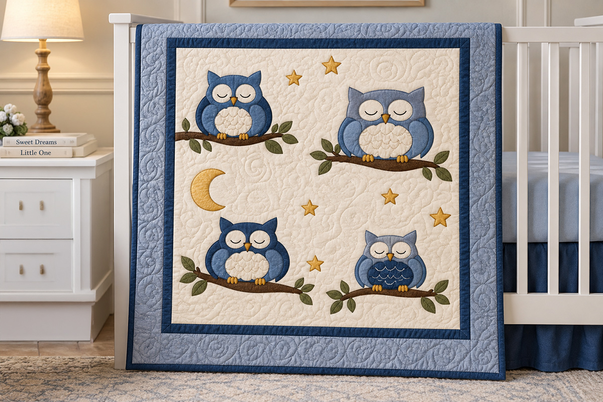 Owl baby quilt pattern featuring a woodland owl design