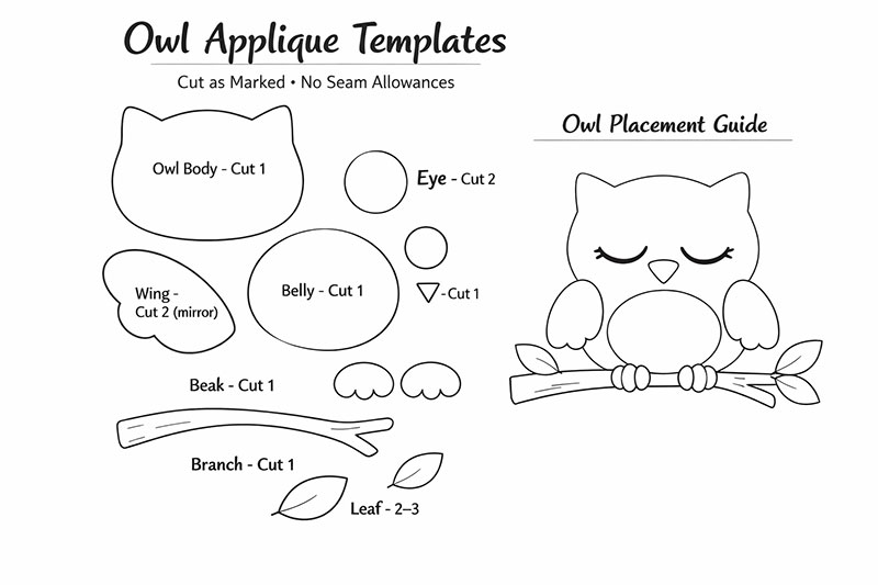 Printable owl baby quilt pattern pieces including body wings eyes and beak