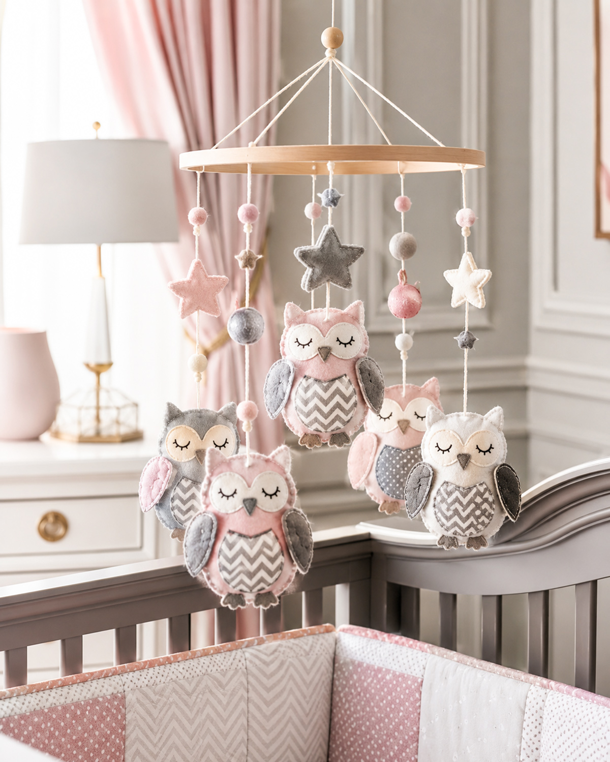 Handmade pink and gray felt owl crib mobile with chevron fabric accents in a softly lit baby nursery