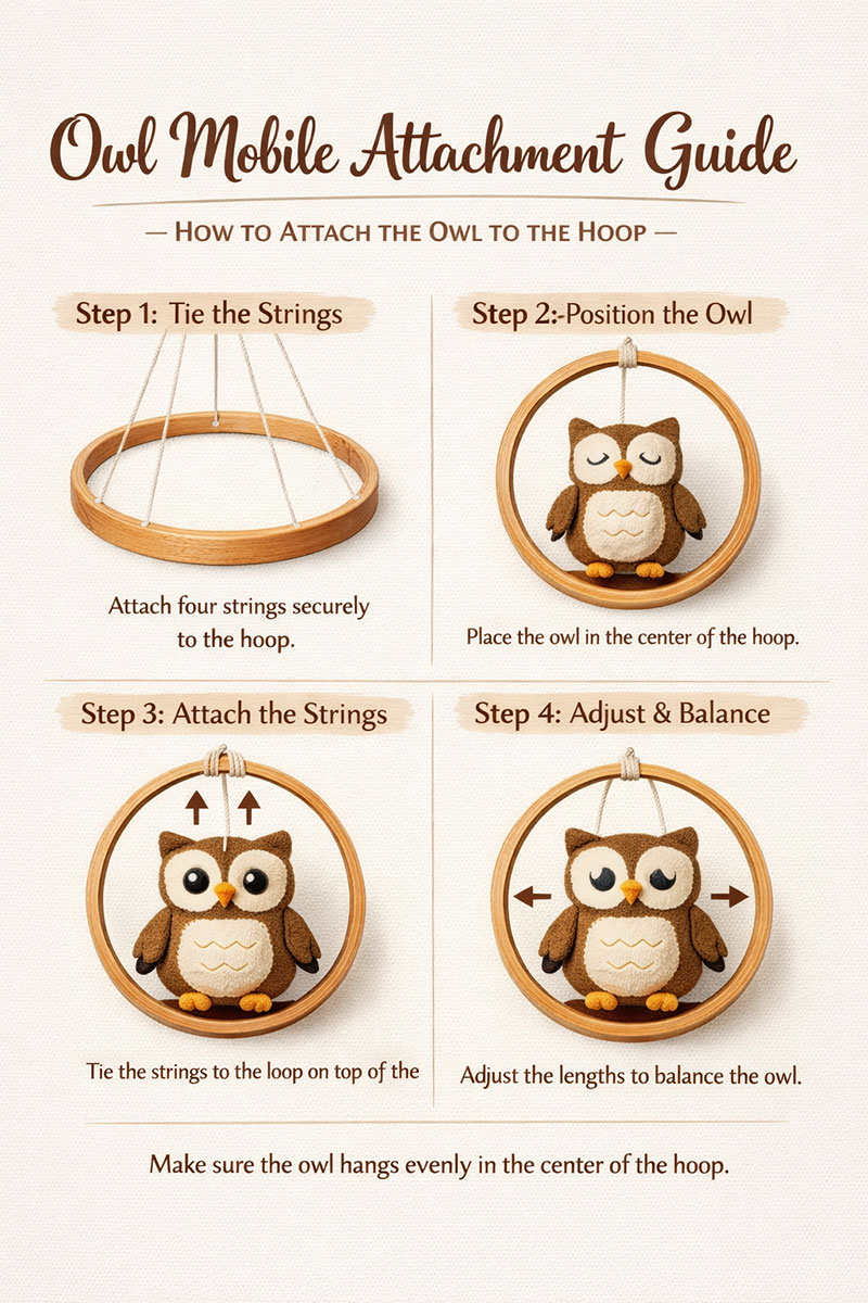 Diagram showing correct thread attachment points for owl mobile pieces