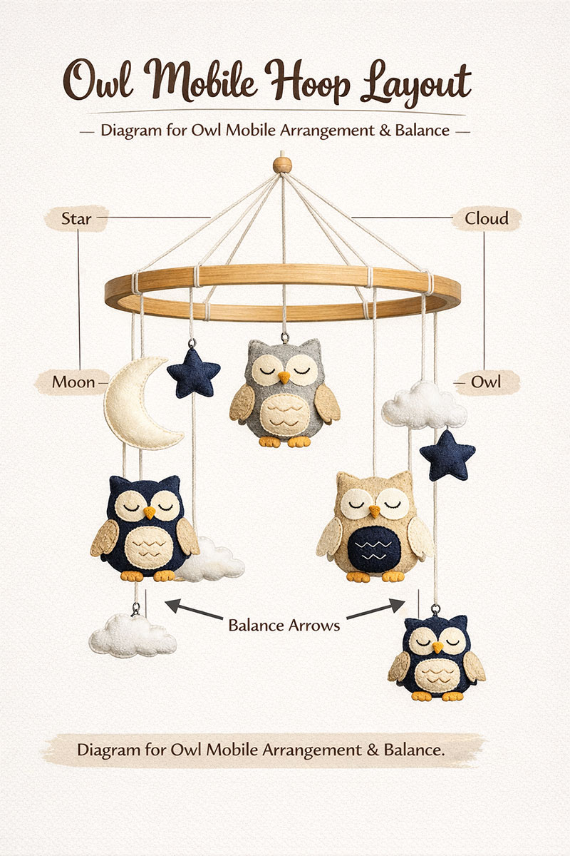 Top view diagram showing even spacing and layout of owl mobile hoop