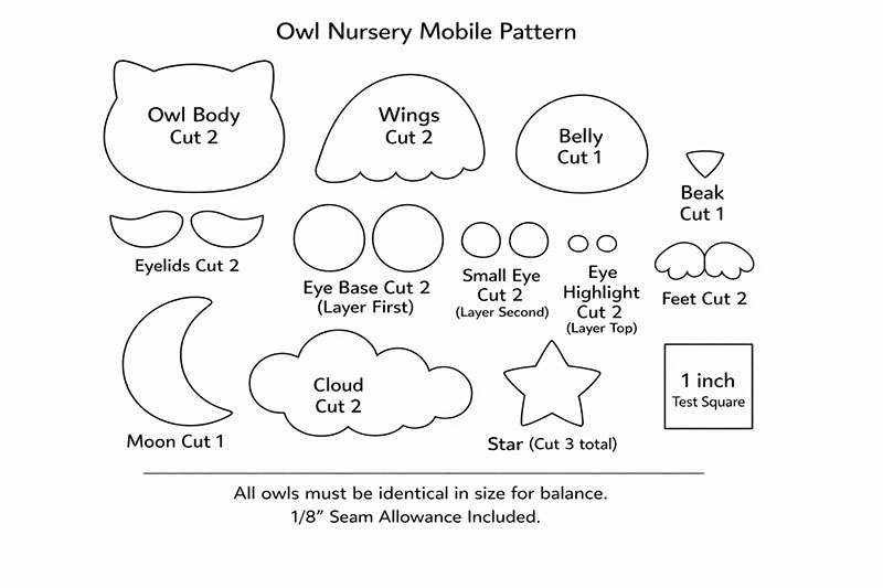 Printable owl mobile pattern sheet with all main shapes for cutting