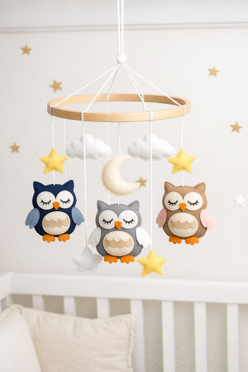 Owl crib mobile styled above a crib in neutral colors in a modern nursery layout