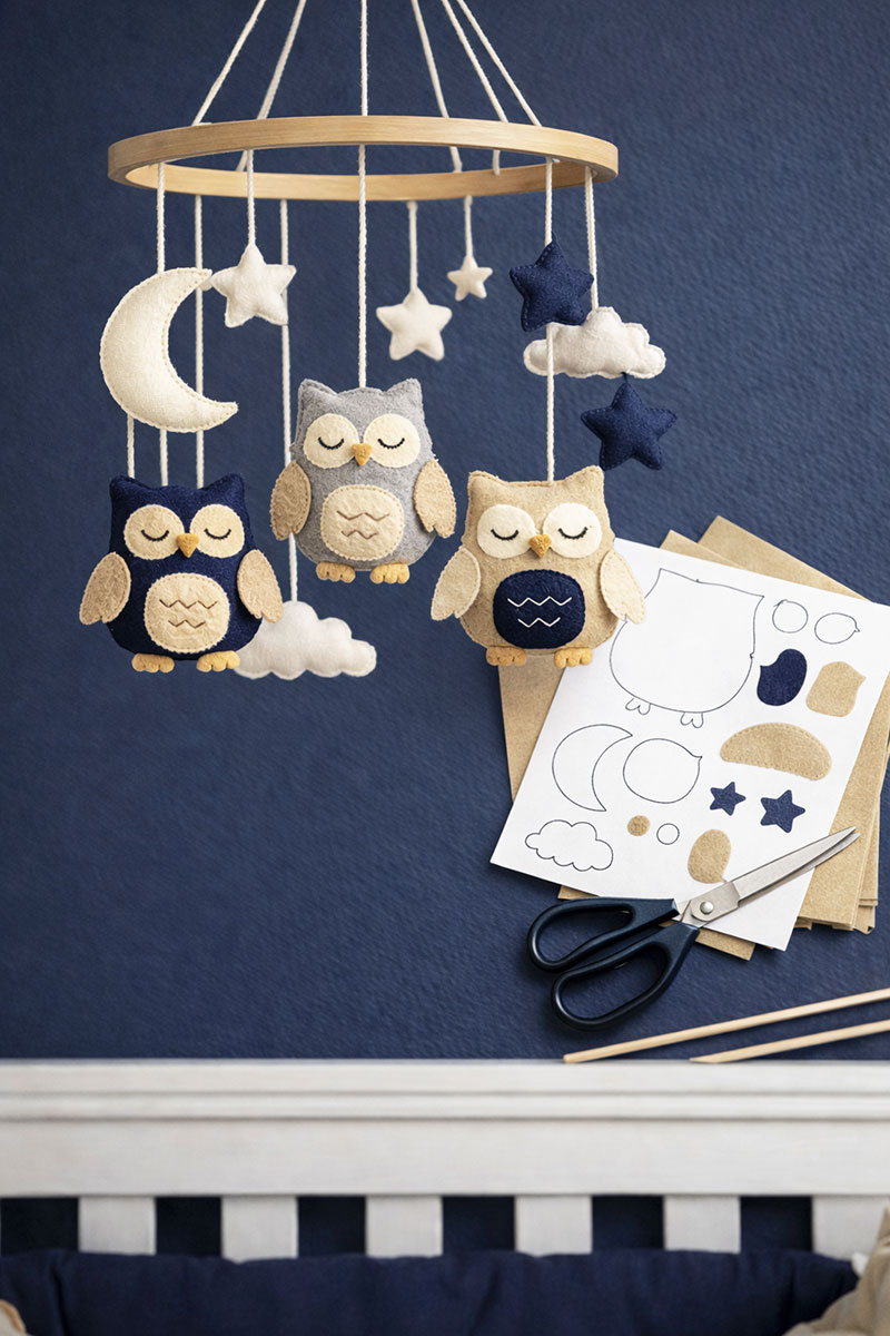 Soft owl crib mobile in a neutral nursery with navy and natural tones