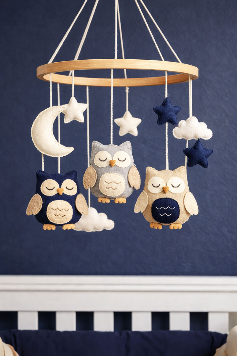 Owl crib mobile hanging from a wooden hoop in a neutral nursery