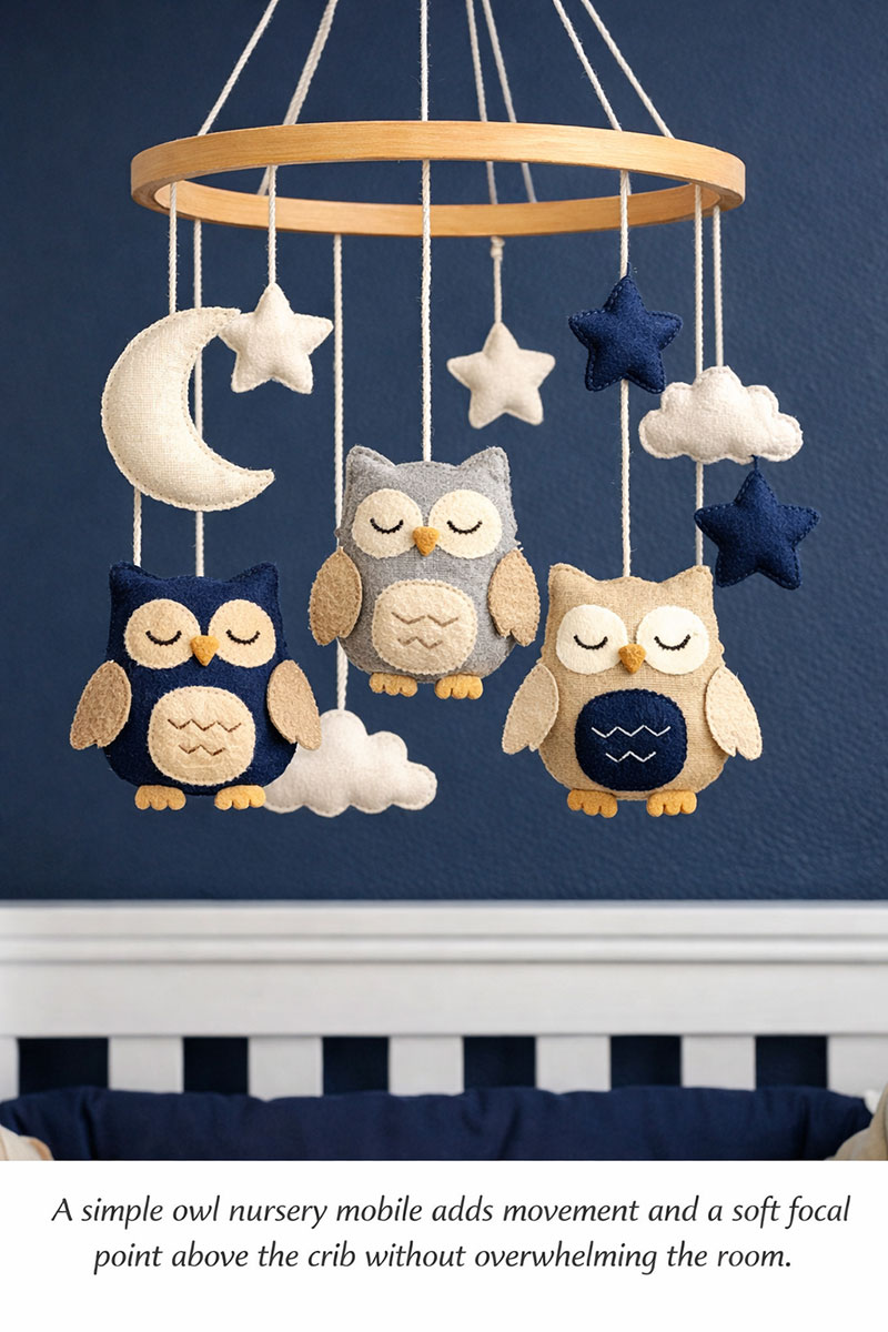 Hand made felt owl nursery mobile in navy blue and soft neutral tones hanging above a crib