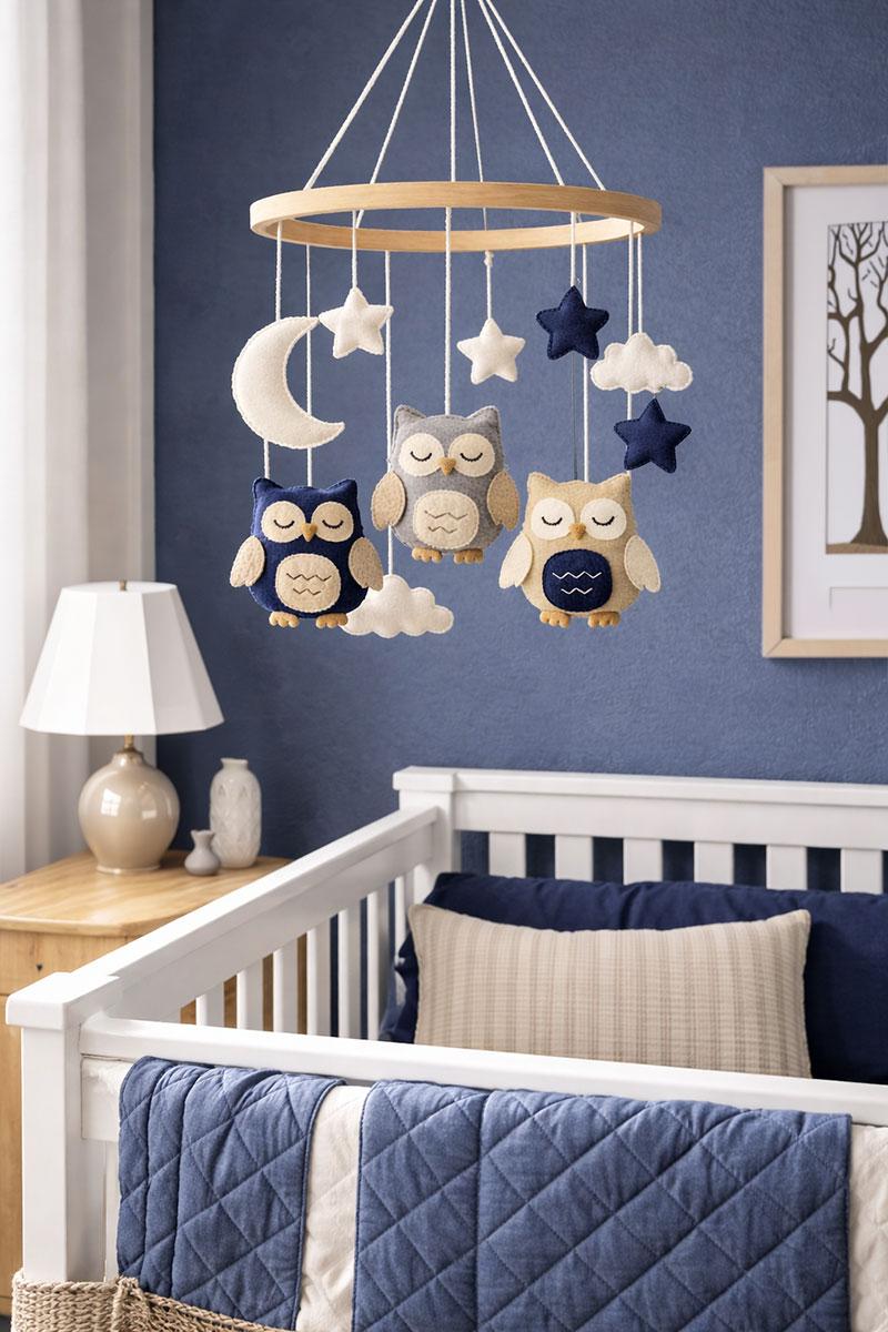 Owl nursery mobile placed above crib showing proper height and spacing