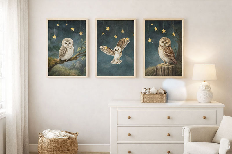 Owl nursery wall decor with framed woodland art and storybook illustrations