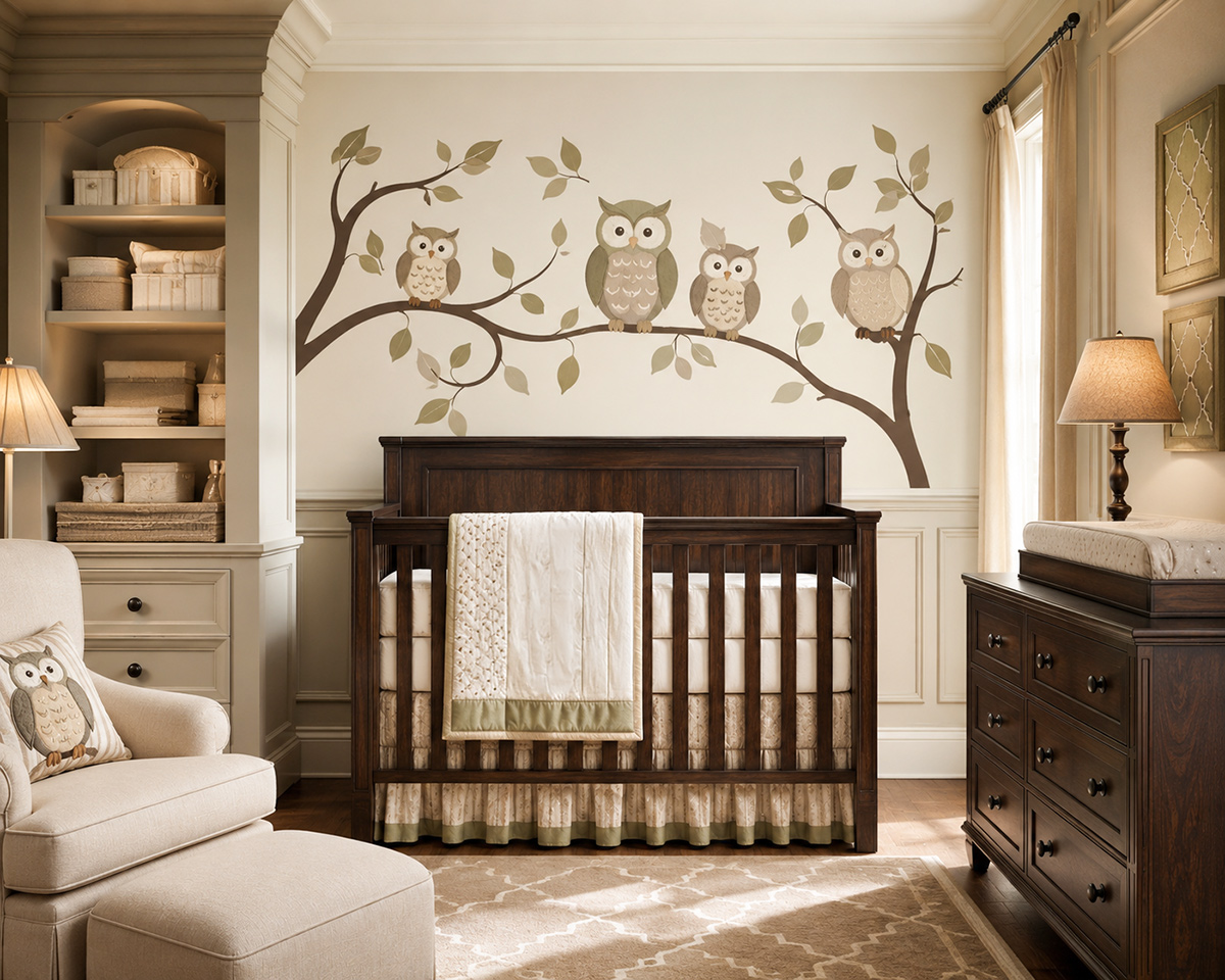 Custom-color owl nursery wall decals arranged above a baby crib with coordinating woodland decorations