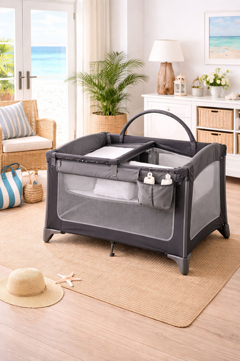 Pack and play portable sleep space setup inside a guest room