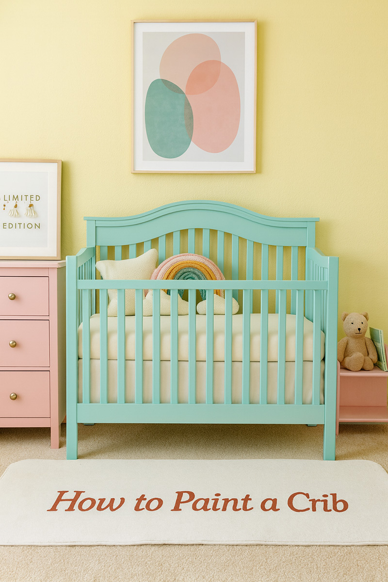 Modern baby nursery featuring a freshly painted crib in soft sage green with matching wall accents and stylish décor.