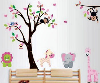 Hand painted zoo animals on the walls of a baby girl nursery room in pink lavender purple