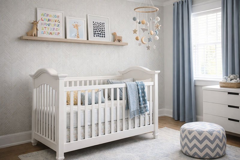 Neutral gray and white nursery with chevron curtains and recycled wood pallet wall decor