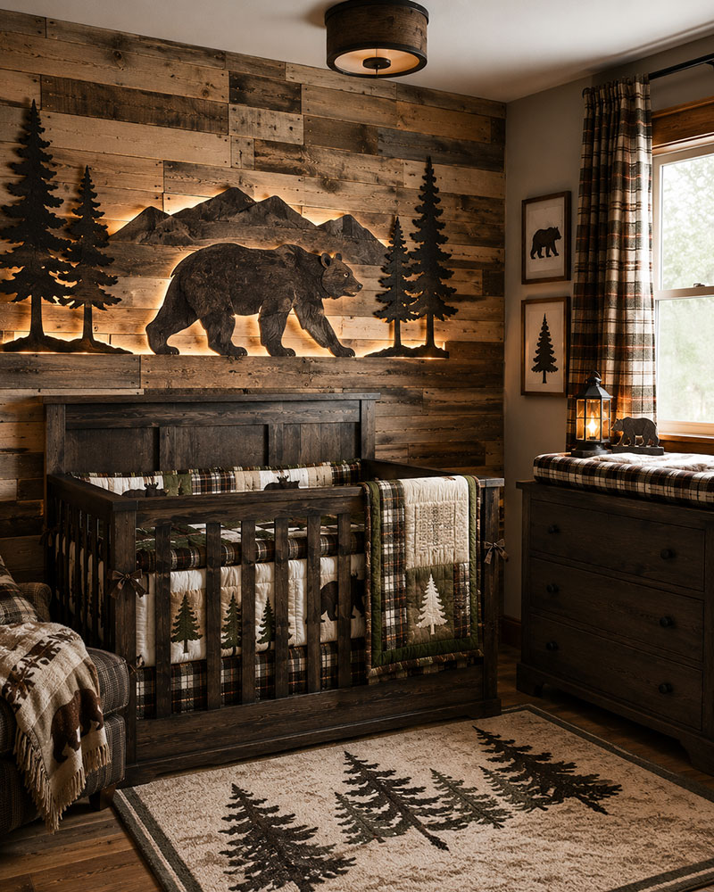 Rustic pallet wall decor inside a cabin inspired nursery room