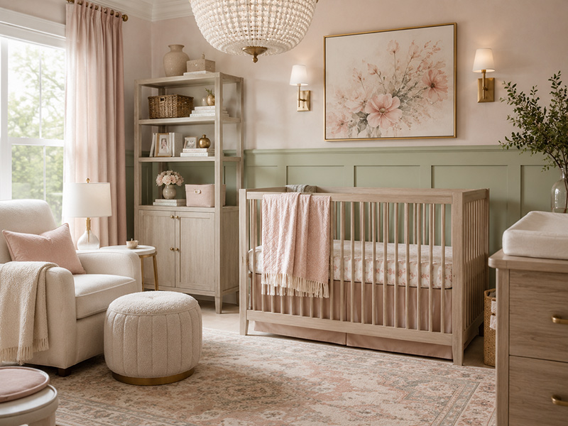 Pastel baby room color scheme with blush, sage, cream, and warm nursery furniture