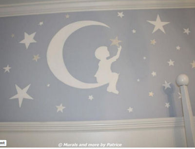 Metallic silver blue and white nursery wall mural in a Goodnight Moon and stars nursery theme for a baby boy room