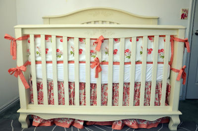 Peach cherry baby crib bedding for a girl baby nursery room