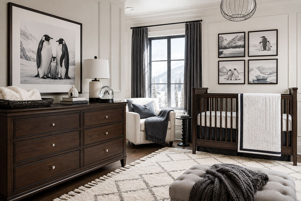 Sophisticated polar animal nursery with framed penguin artwork charcoal and white textiles dark wood dresser and snowy landscape details