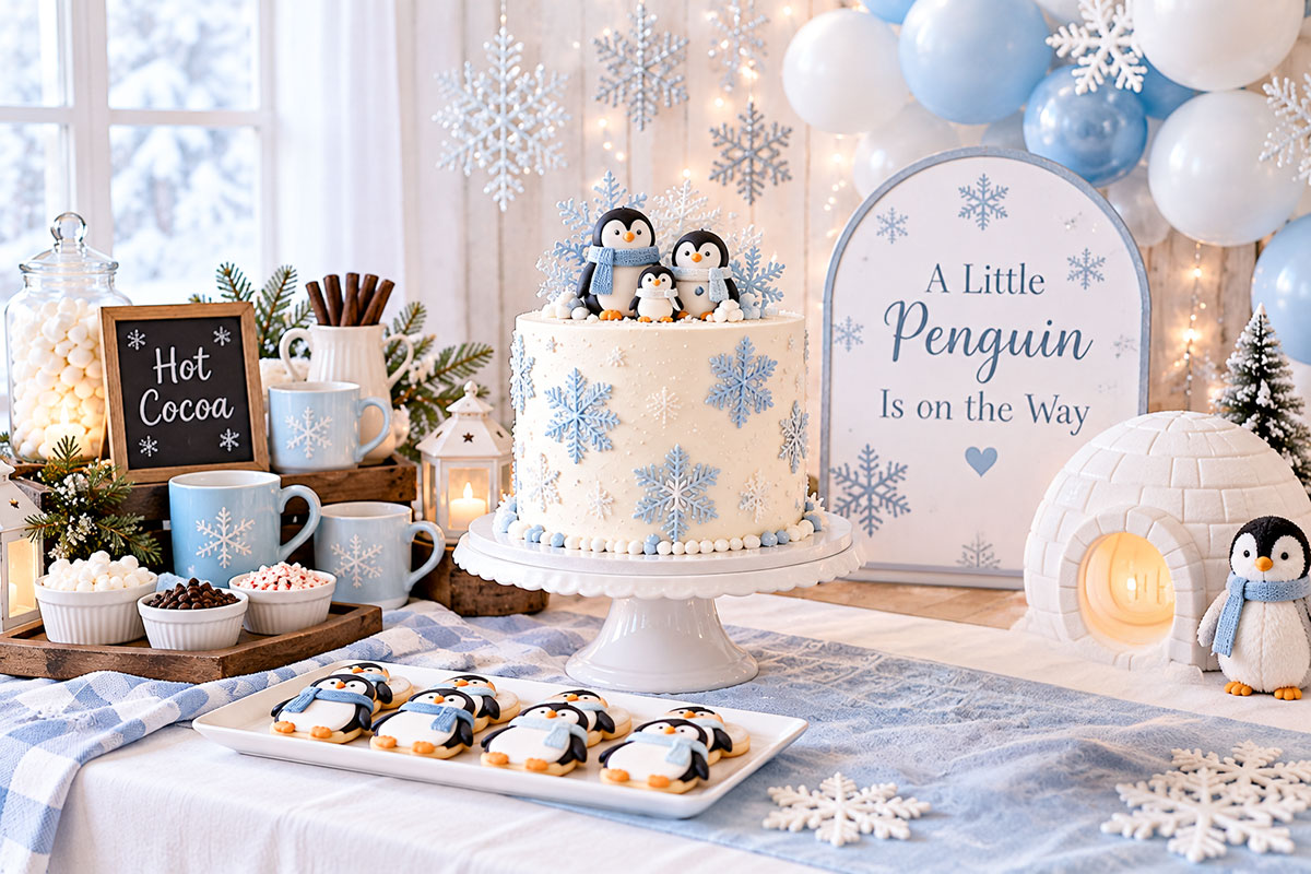 Penguin winter baby shower with a white cake topped by little penguins pale blue and white decorations snowflake cupcakes and a simple dessert table
