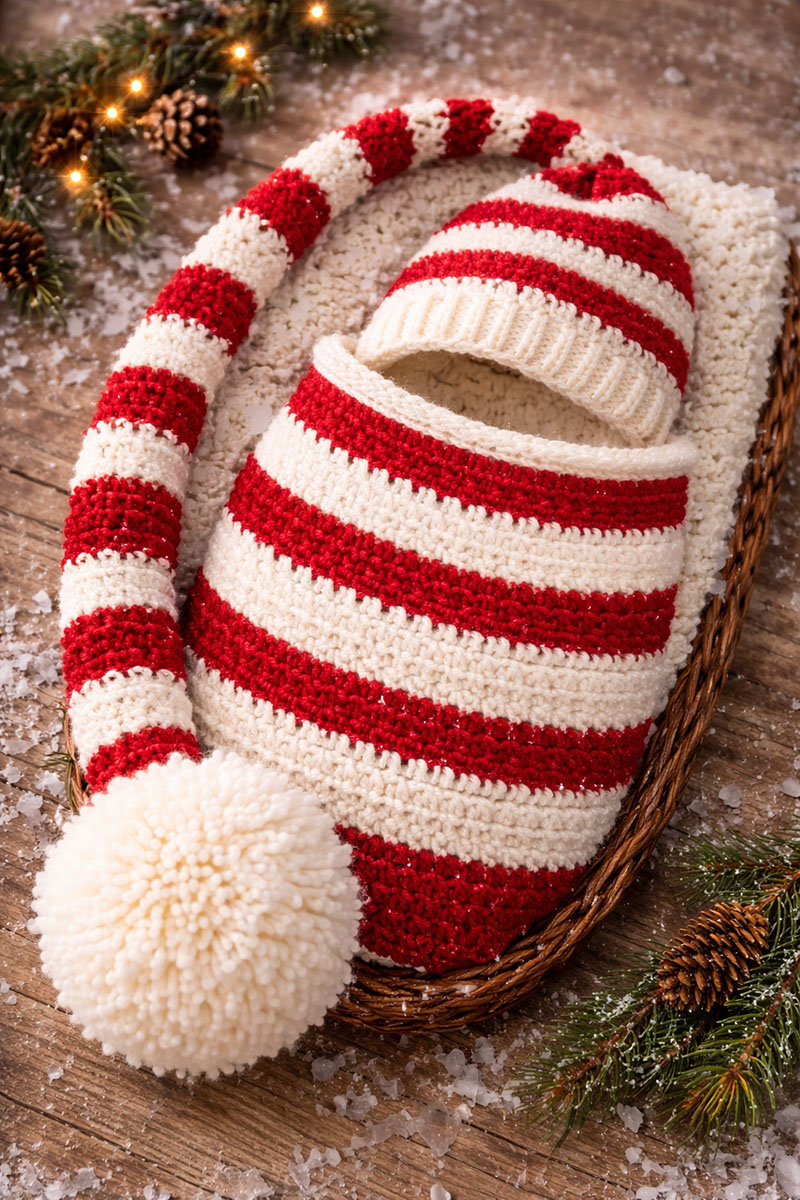 Peppermint swirl crochet elf baby hat and matching baby cocoon