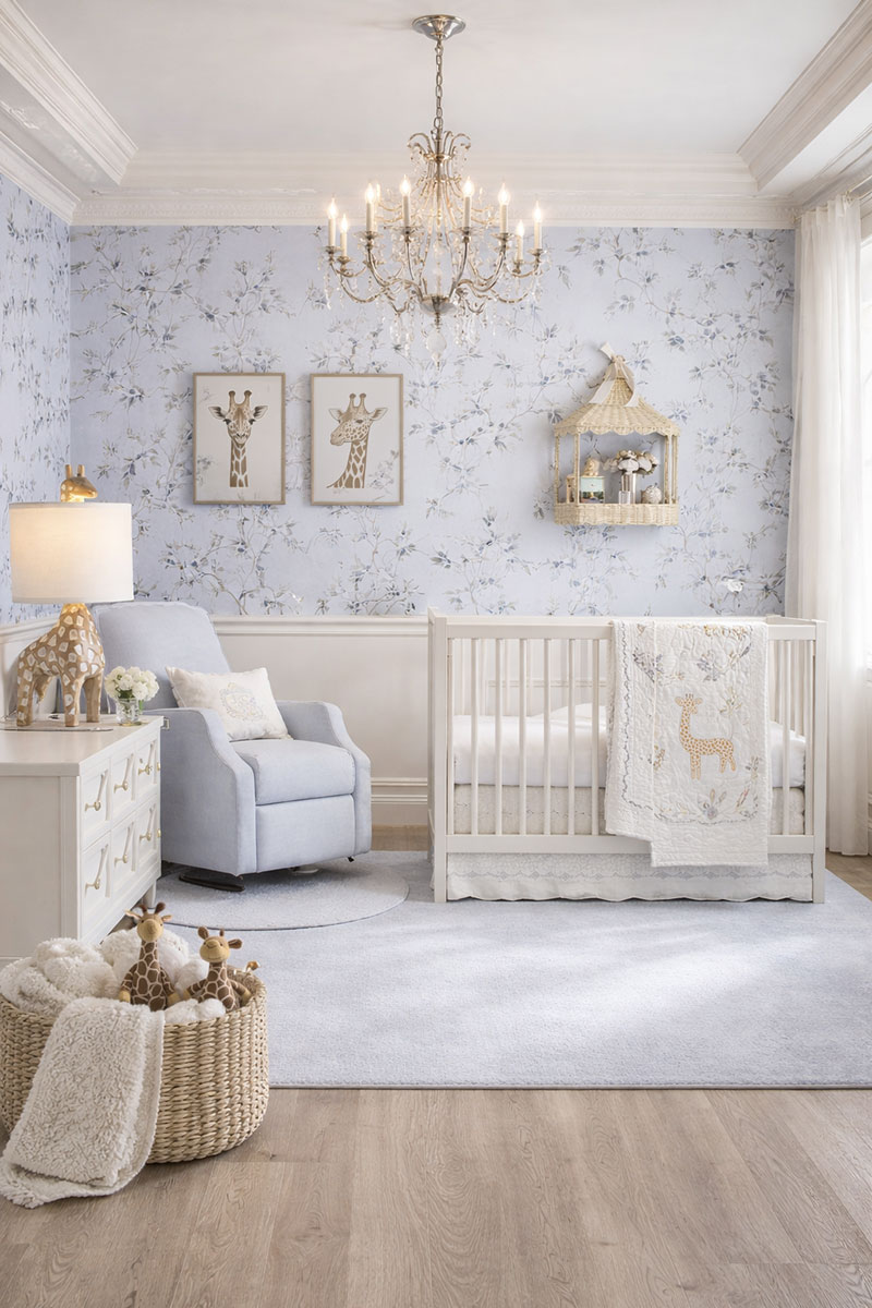 Baby girl giraffe theme nursery room ideas with custom giraffe crib bedding and wall decor