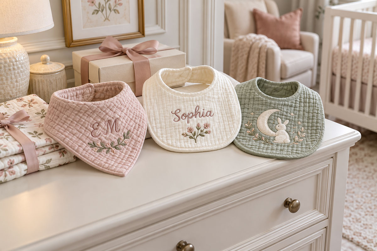 Personalized handmade baby bibs with embroidered initials and small nursery themed motifs
