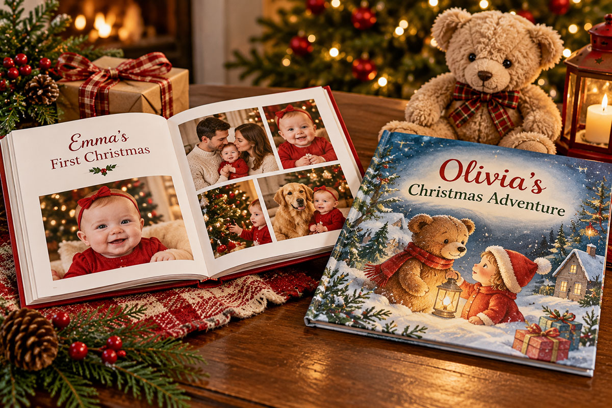 Personalized baby's first Christmas photo album open to family photographs beside an illustrated Christmas storybook with a handwritten dedication on a dark wooden reading table