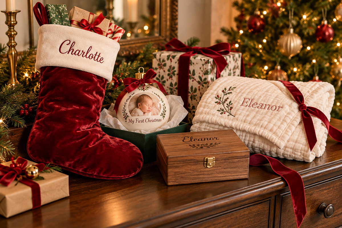 Personalized baby Christmas gifts including an embroidered name stocking, baby's first Christmas photo ornament, monogrammed blanket and wooden keepsake box
