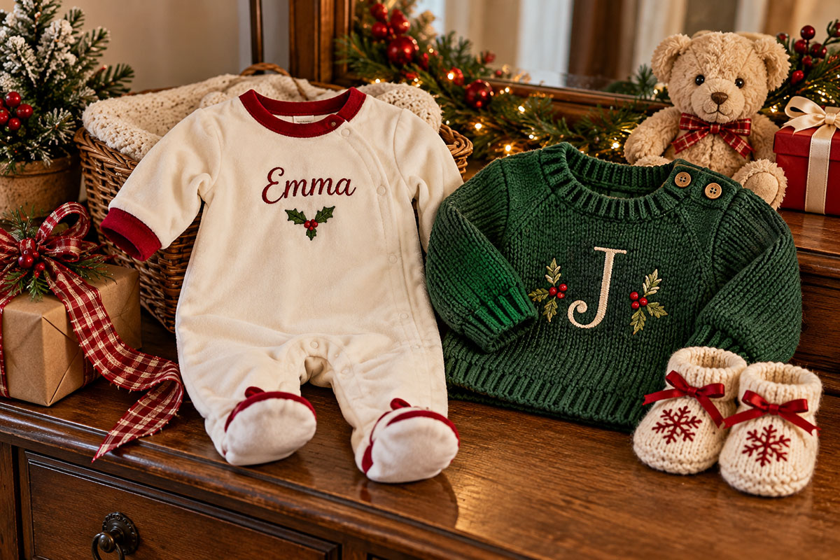 Personalized baby Christmas clothing featuring a cranberry sleeper embroidered with a first name and a forest green monogrammed baby sweater arranged neatly on a wooden dresser