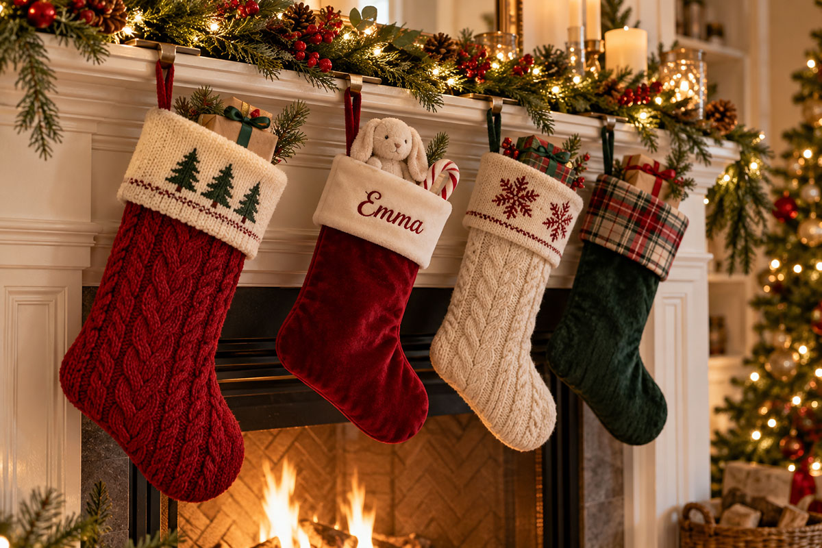Cranberry velvet baby Christmas stocking with an ivory embroidered name cuff hanging beside coordinating family stockings on a traditional fireplace mantel