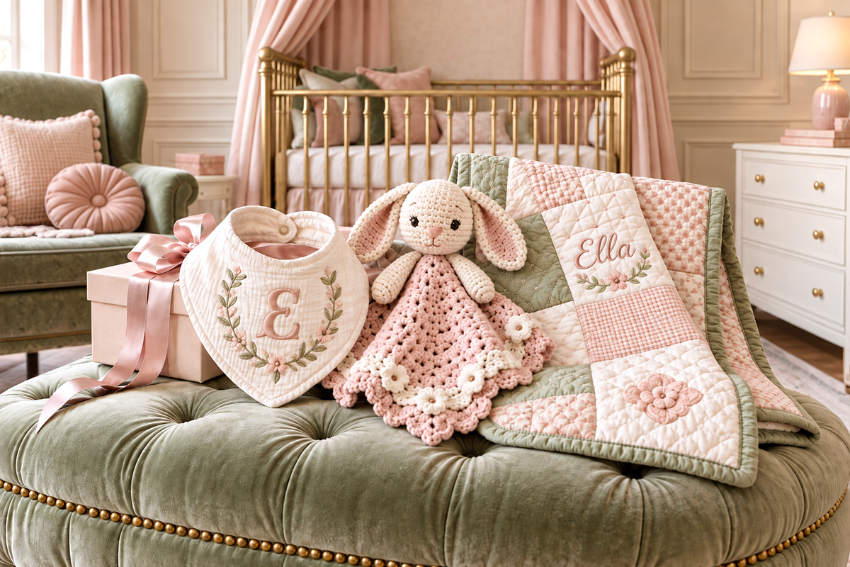 personalized baby gift ideas including a handmade embroidered bib, crochet baby gift and baby quilt