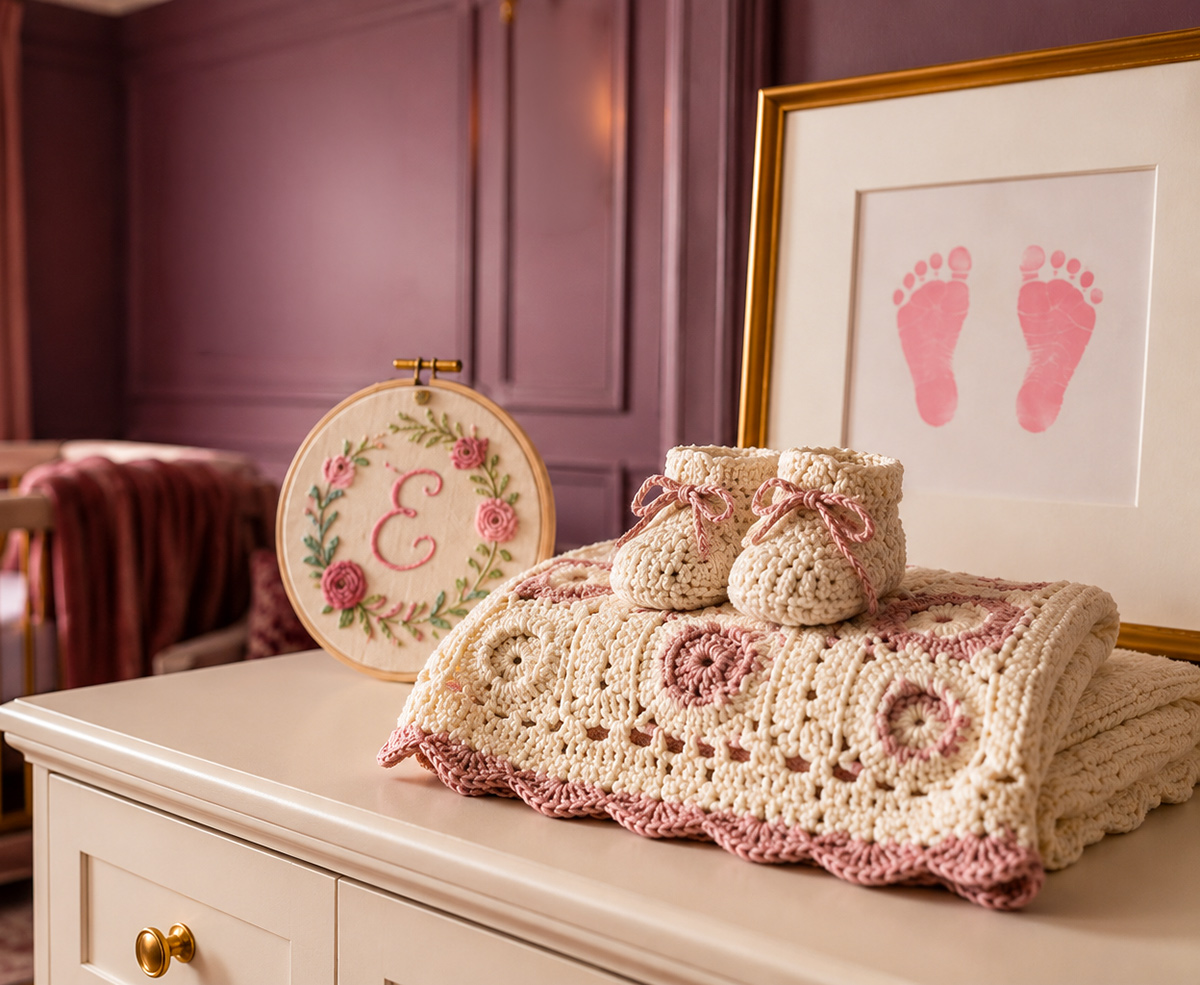 Personalized handmade baby gifts including an embroidered name keepsake, crochet baby gift and framed baby footprint art