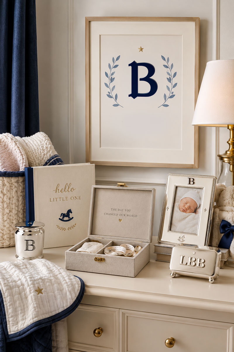 personalized baby keepsake gifts displayed inside a modern nursery