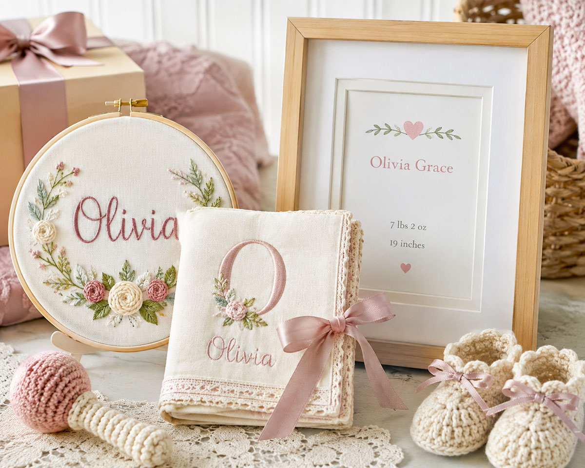 Handmade personalized baby gifts with an embroidered baby name hoop, monogrammed fabric keepsake and framed birth details