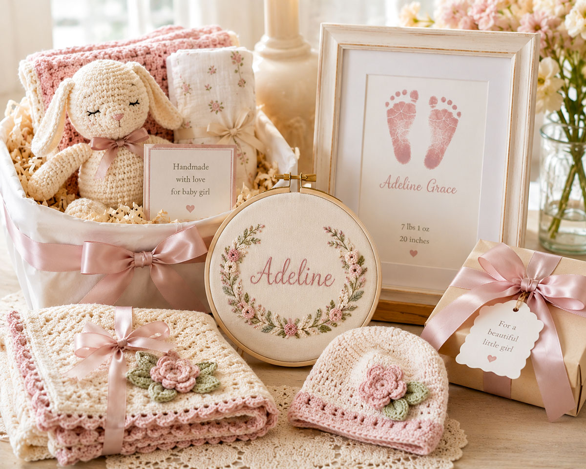 Personalized baby shower gifts to make including an embroidered keepsake, handmade crochet gift, framed baby footprint art and customized gift basket