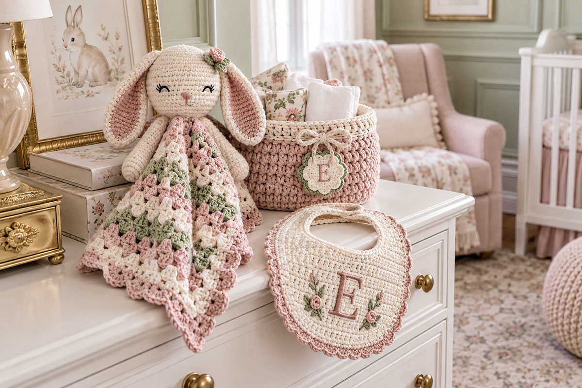 Personalized crochet baby gift ideas with a handmade lovey, bib and small storage basket in coordinating nursery colors