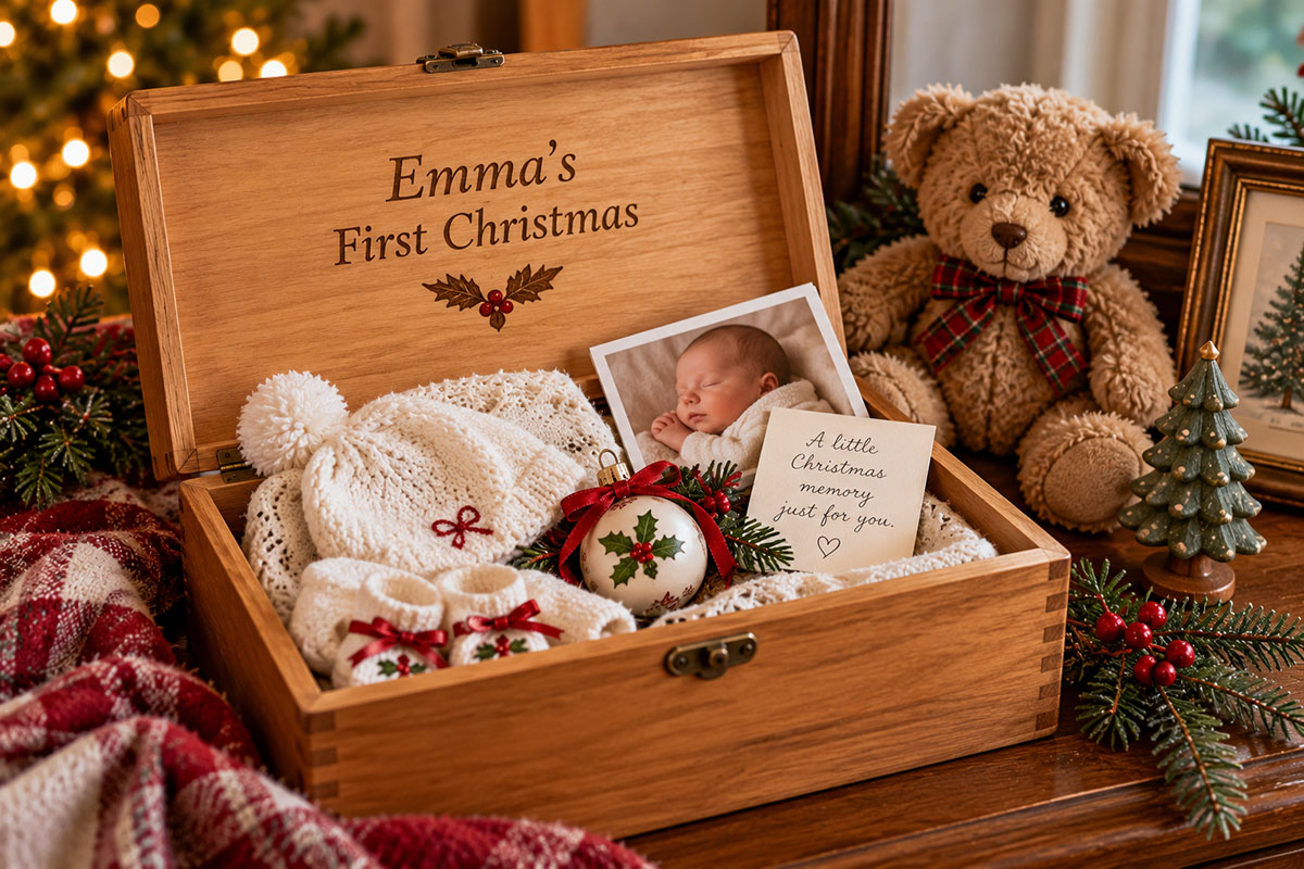 Open engraved wooden baby's first Christmas keepsake box holding a folded baby bonnet, small Christmas ornament, family photograph and handwritten keepsake card