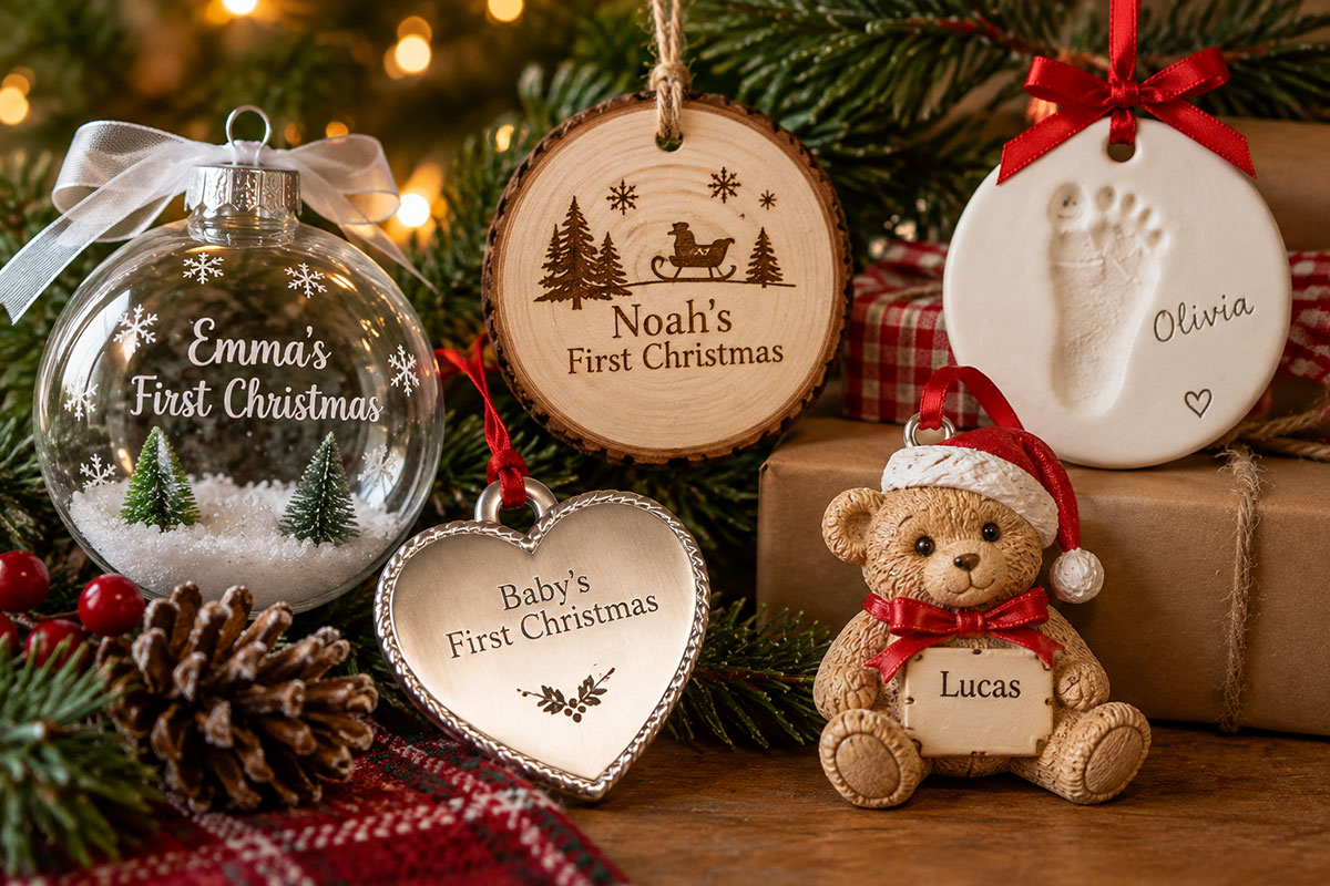 Personalized baby's first Christmas ornaments including a wooden name ornament, round baby photo ornament and clay footprint keepsake displayed on a decorative ornament stand
