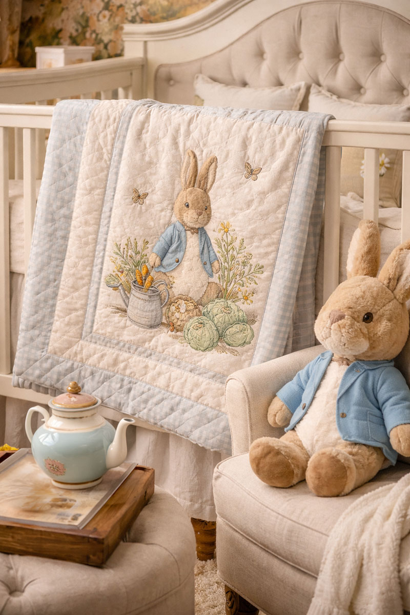 Modern Peter Rabbit baby crib blanket with soft blue and green storybook bedding details