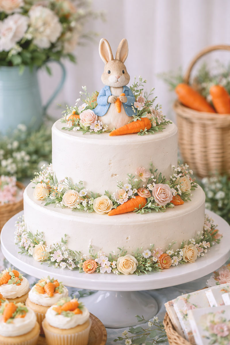 Peter Rabbit themed baby shower cake with bunny decorations carrots and pastel garden style design