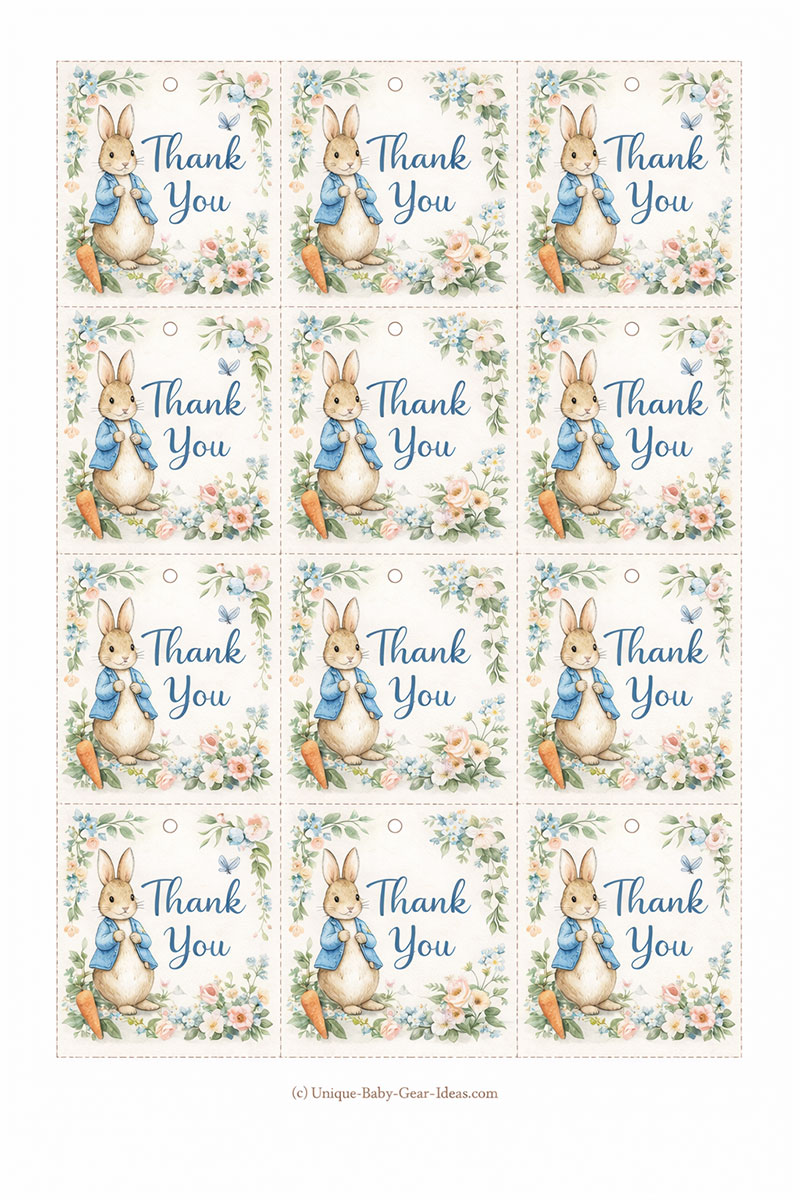 Peter Rabbit baby shower favor tag sheet with bunny illustration, carrots, and soft floral border