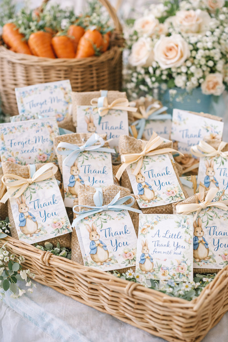 Peter Rabbit baby shower favors with bunny tags pastel ribbons and garden themed thank you gifts