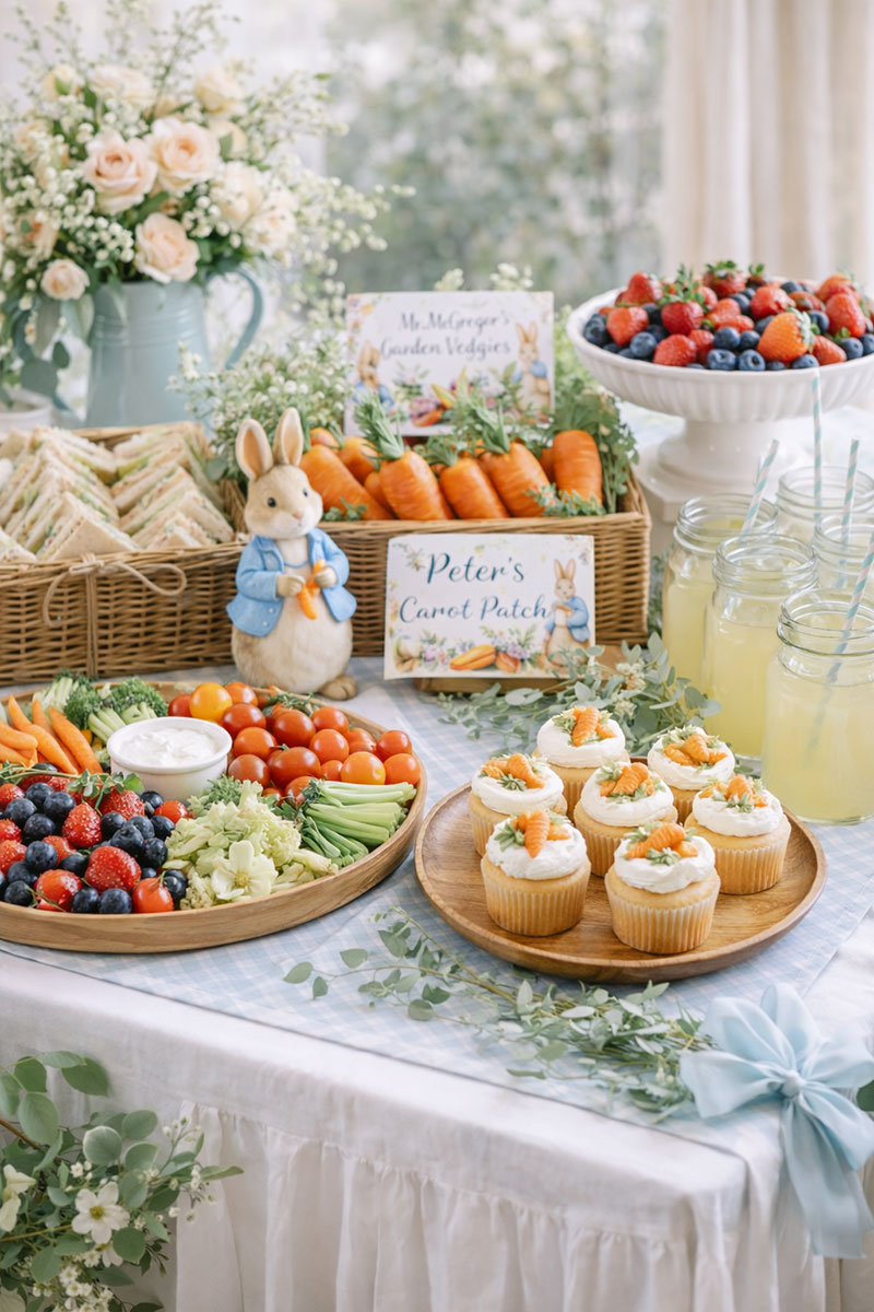 Peter Rabbit baby shower food table with carrot cupcakes garden themed snacks and picnic style serving display