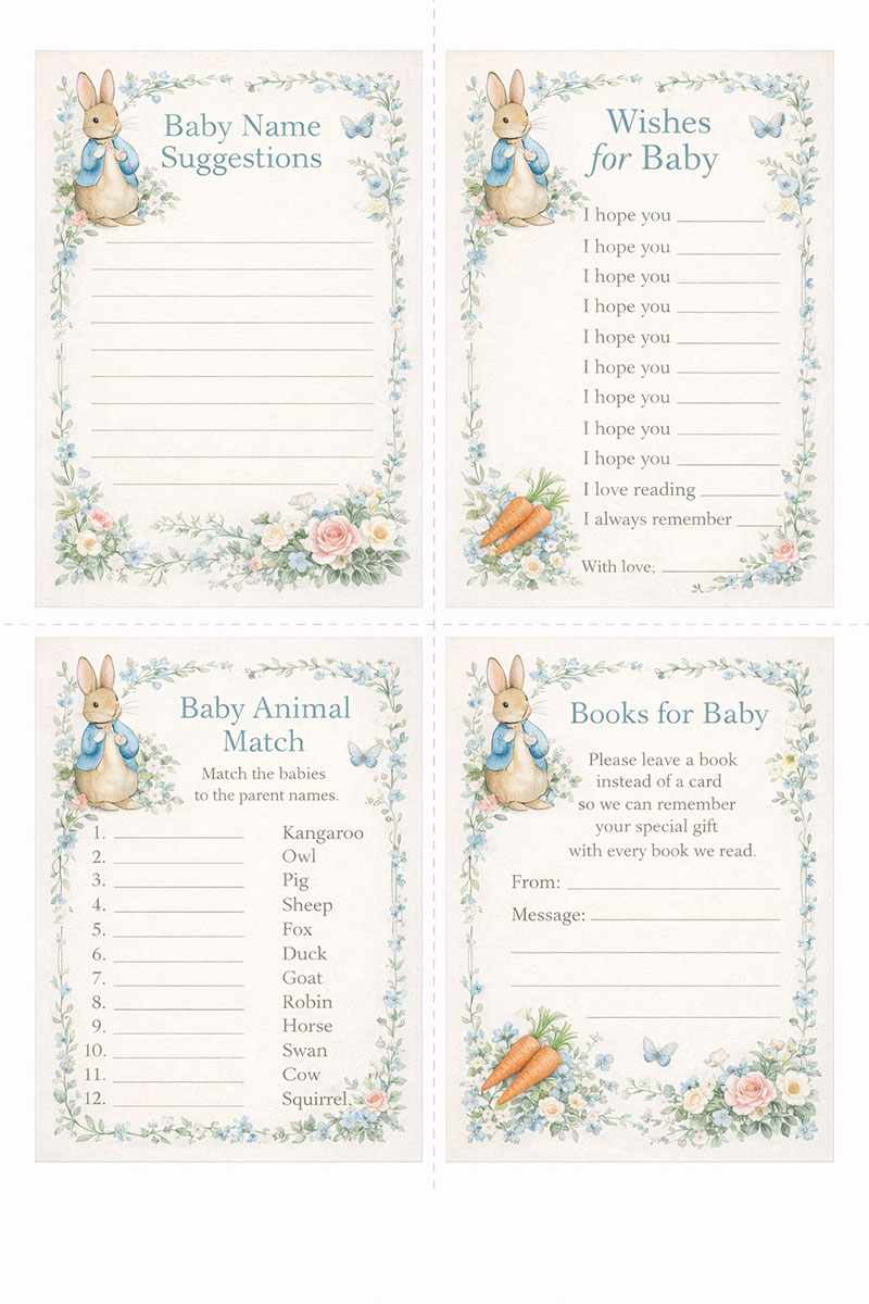 Peter Rabbit baby shower game cards printable with storybook bunny illustrations, floral borders, and baby shower activity cards