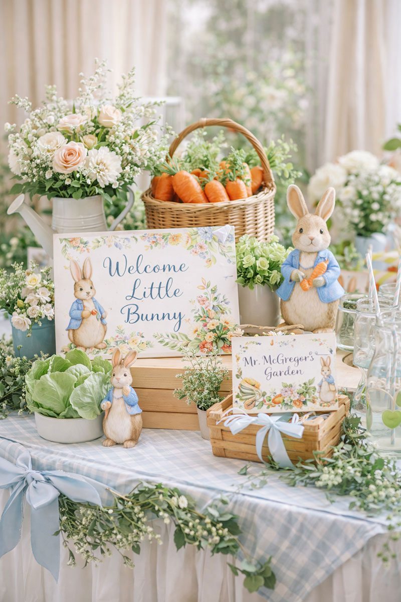 Peter Rabbit themed baby shower table decorations with bunny figurines carrots and pastel garden party table styling