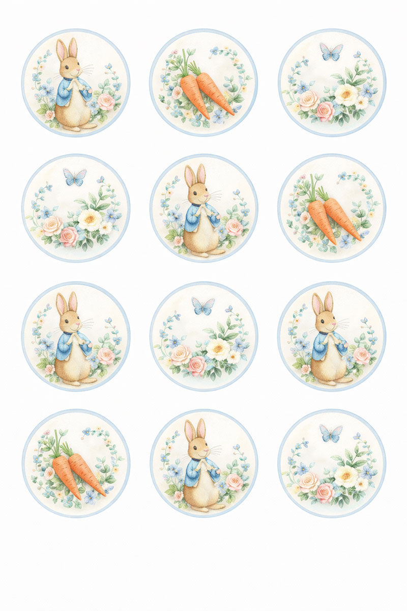 Peter Rabbit cupcake toppers printable sheet with circular bunny, carrot, and floral cupcake decorations