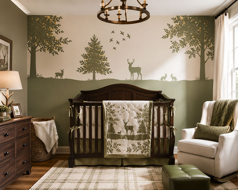 Woodland nursery with deer mural and forest-inspired decor