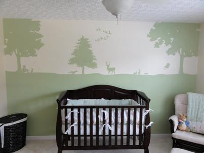 Mallard ducks, whitetail deer and forest animals theme baby nursery wall mural stencil design