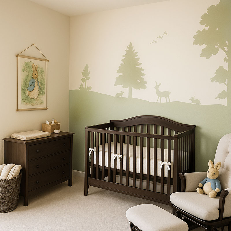 Woodland theme baby nursery design featuring a favorite Beatrix Potter storybook character Peter Cottontail, Flopsy and Mopsy