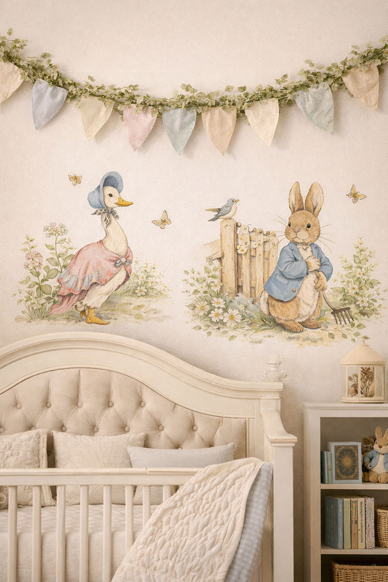Modern Peter Rabbit nursery decor with storybook wall decals and clean baby room styling